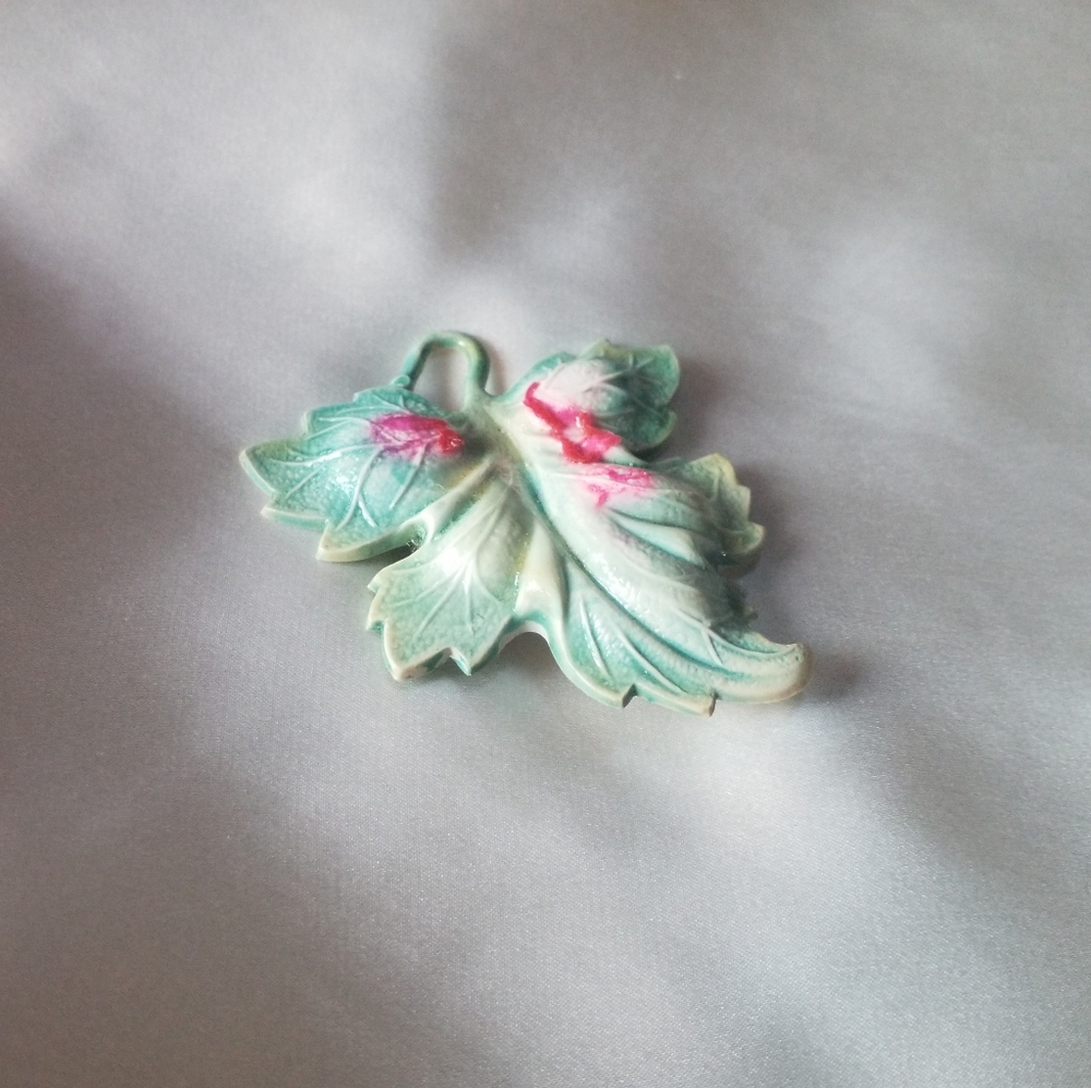 Vintage Carved Celluloid Leaf Brooch Handpainted